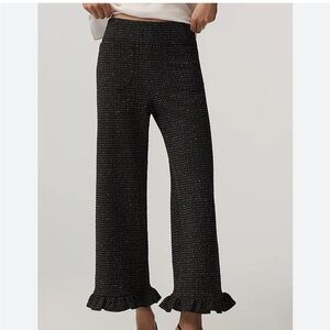 Maeve The Colette Crop Tweed Ruffle Hem Pants Black Pattern Wide Leg Sz 30 TALL